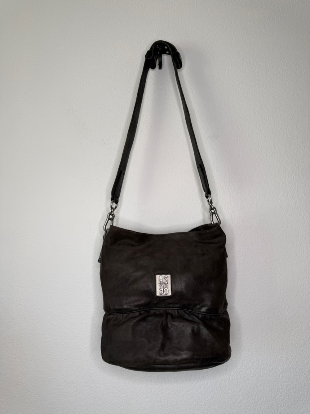 A.S.98 Studded Leather Bucket Bag Gray Brown Distressed Zipper Compartment - Picture 6 of 15